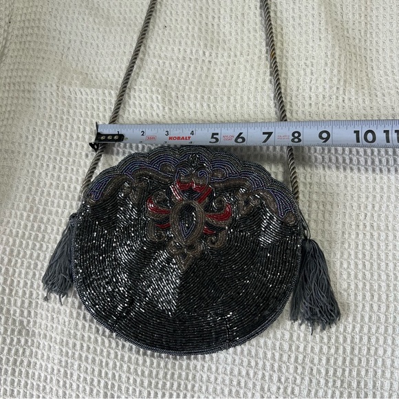 Vintage Retro Beaded Purse Bag Clutch Crossbody Shoulder bag Grey Purple Tassel - Picture 8 of 14